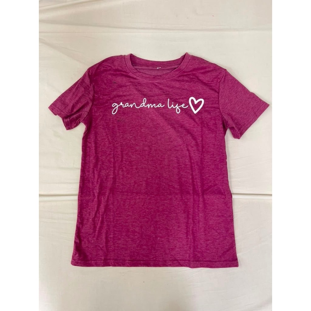Grandma Life Graphic T-Shirt Magenta Pink Heathered Short Sleeve Crew‎ Neck